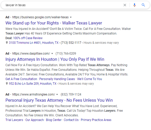 lawyer in texas ppc ads
