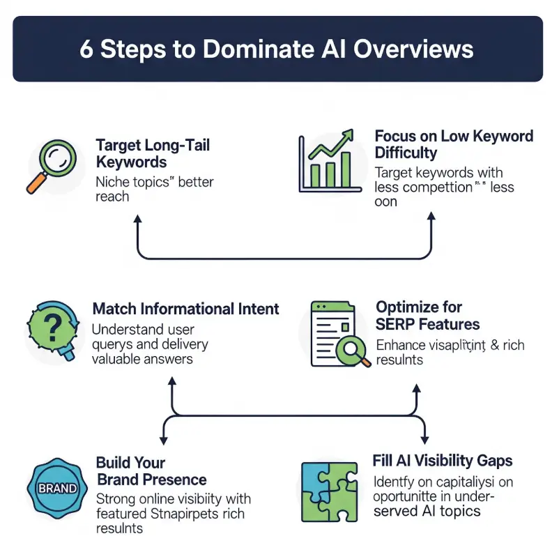  Infographic of the 6-step framework for ranking in Google's AI Overviews, a key strategy for SEO in 2025