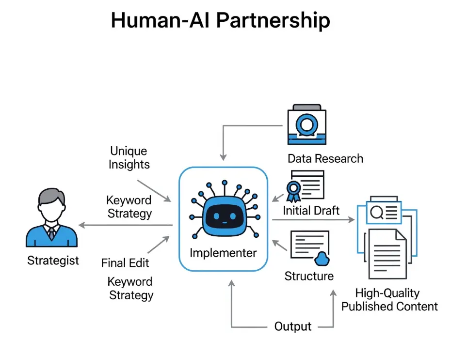 Flowchart of a human-AI partnership for content creation, outlining strategic human inputs and AI implementation tasks
