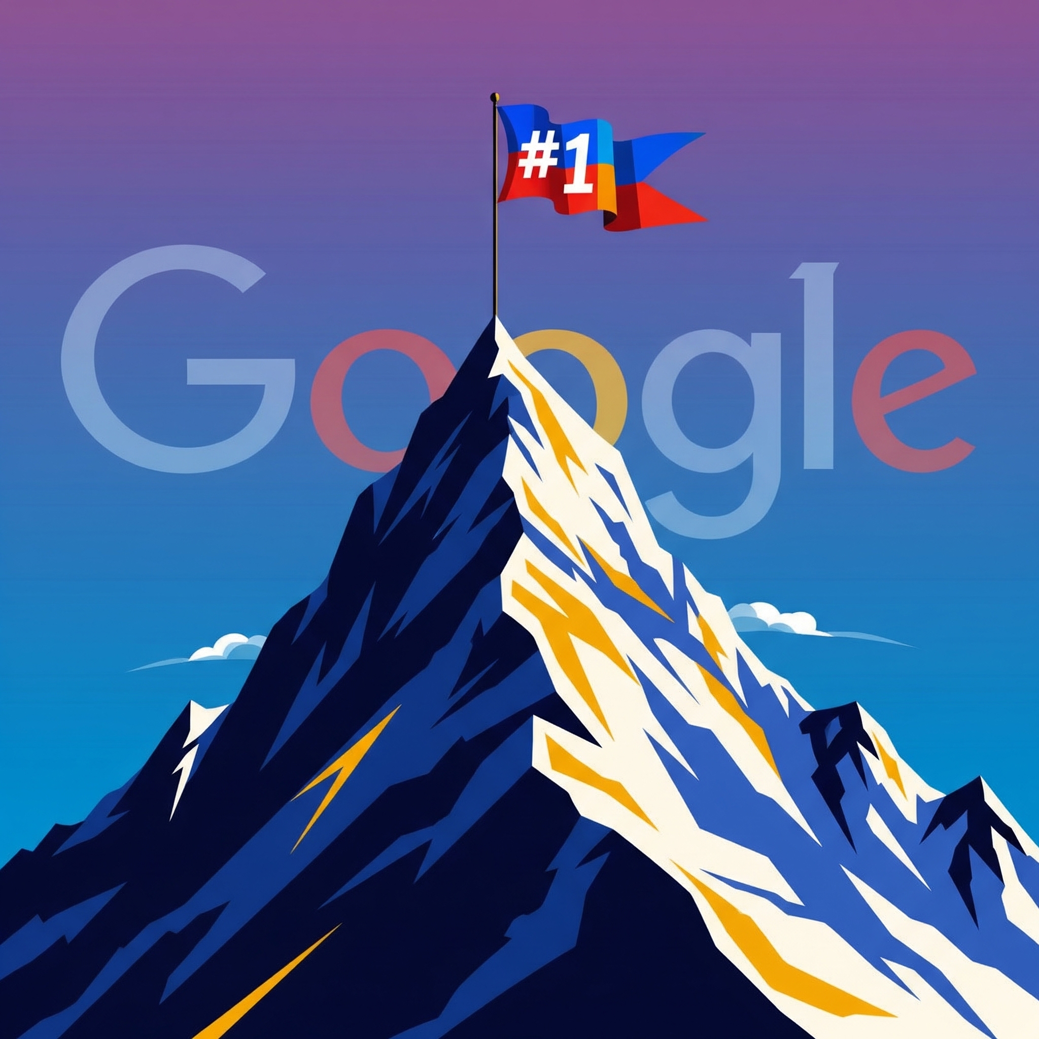A stylized graphic of a mountain peak with a #1 flag, symbolizing the goal of ranking number one on Google.