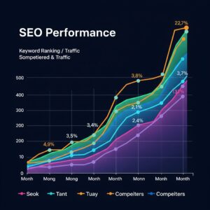 A line graph showing a website's SEO performance improving and surpassing its competitors over time, demonstrating the value of competitive analysis.
