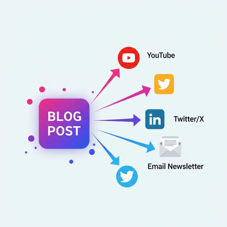 A central blog post icon branching out to social media and email icons, illustrating content atomization