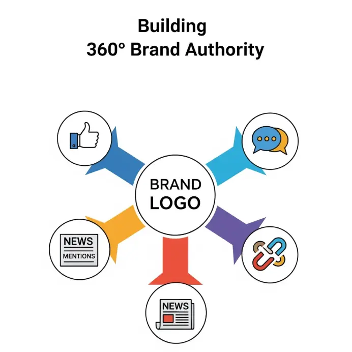 A diagram illustrating how building brand authority through reviews, mentions, and backlinks is crucial for AI and SEO in 2025.