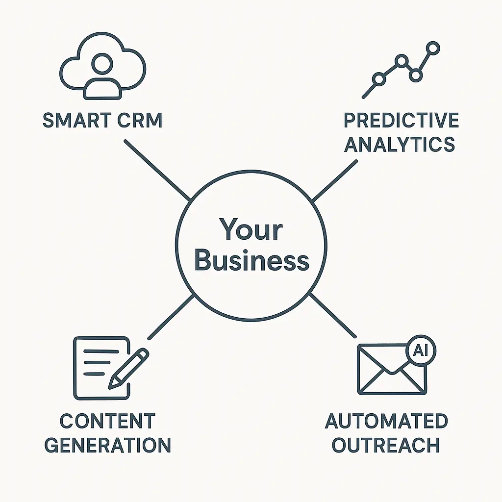 A central business hub connected to AI-powered functions like Smart CRM, Content Generation, Predictive Analytics, and Automated Outreach