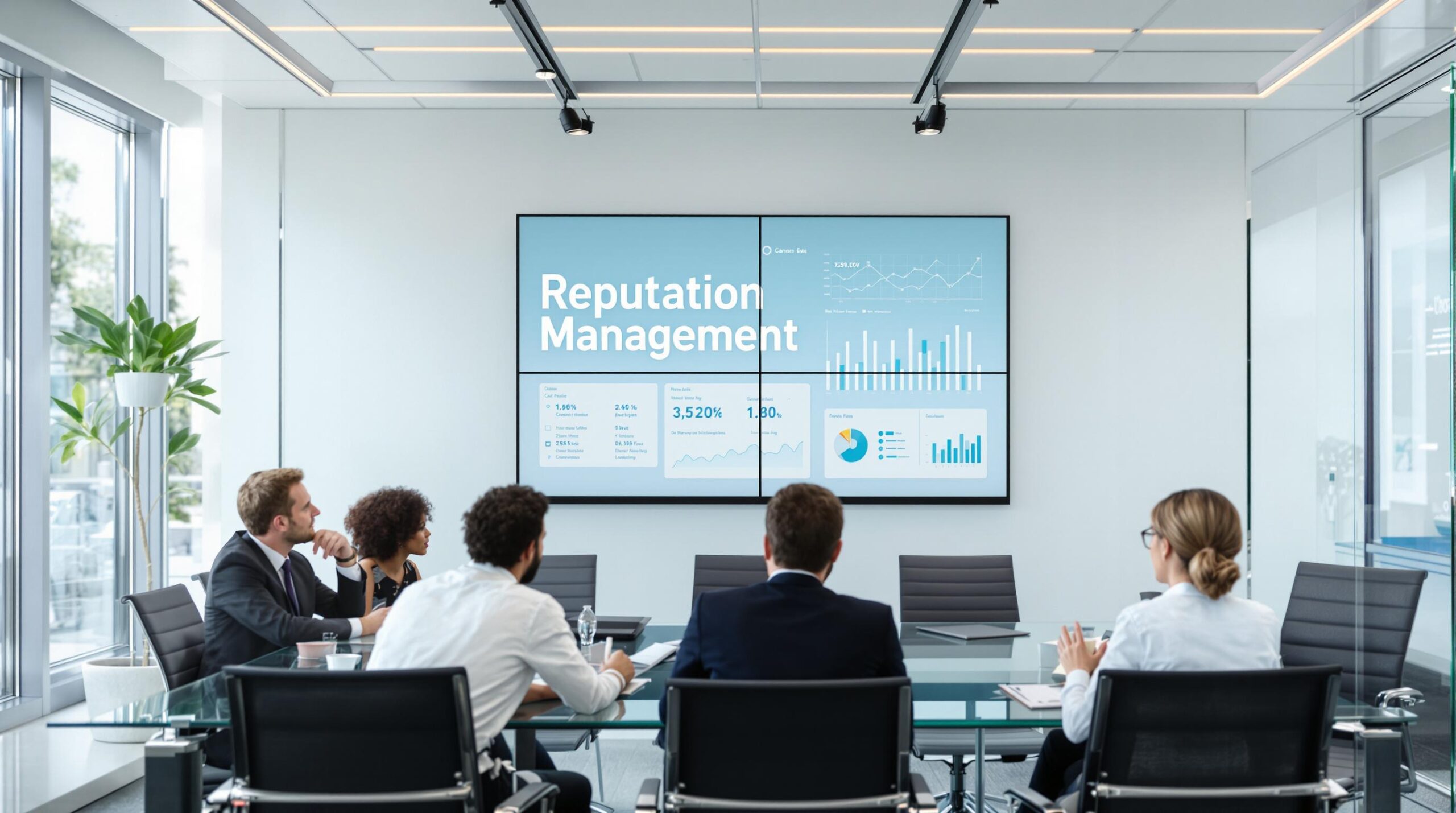 Modern business team reviewing reputation metrics on digital screen