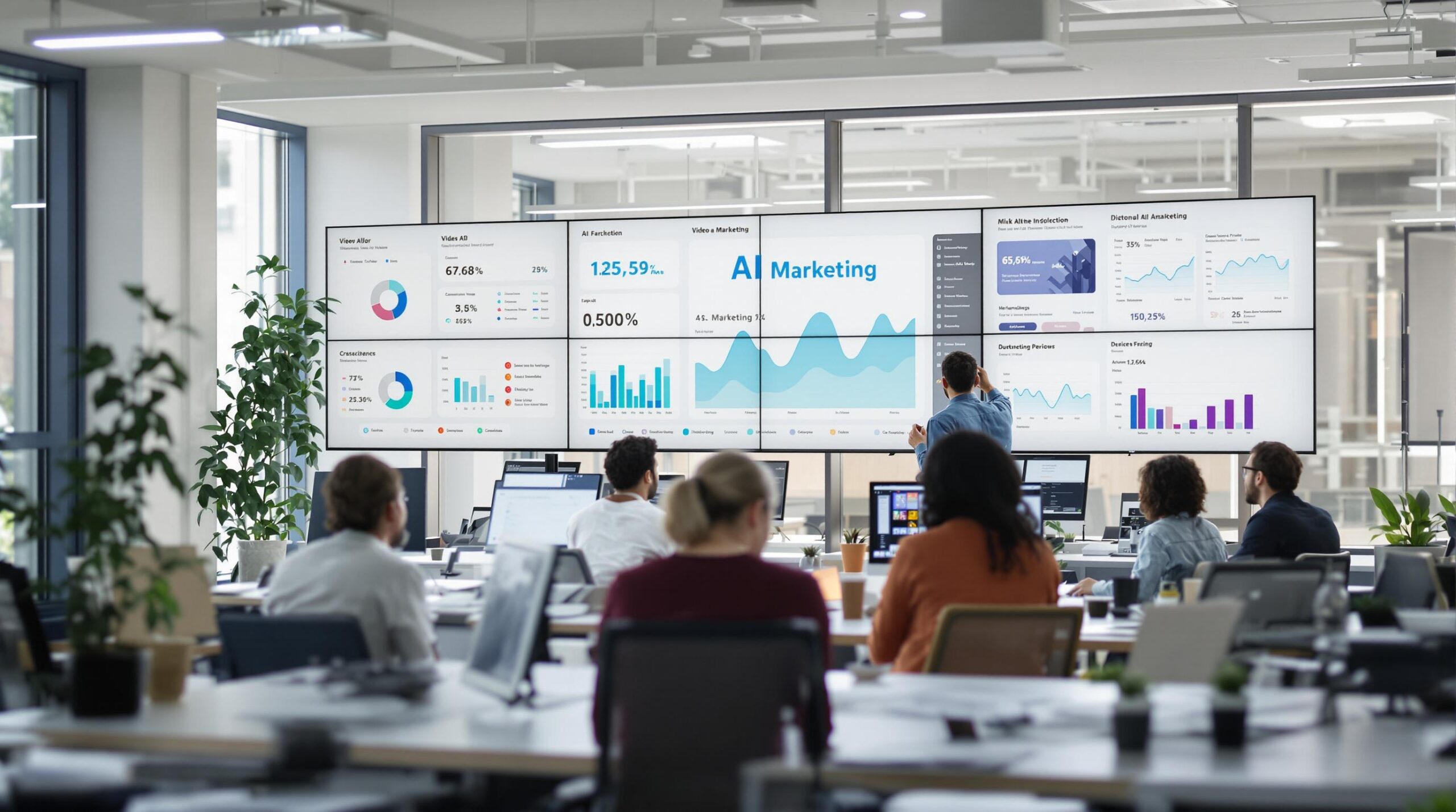 Business team collaborating on AI-powered digital marketing with analytics on screens