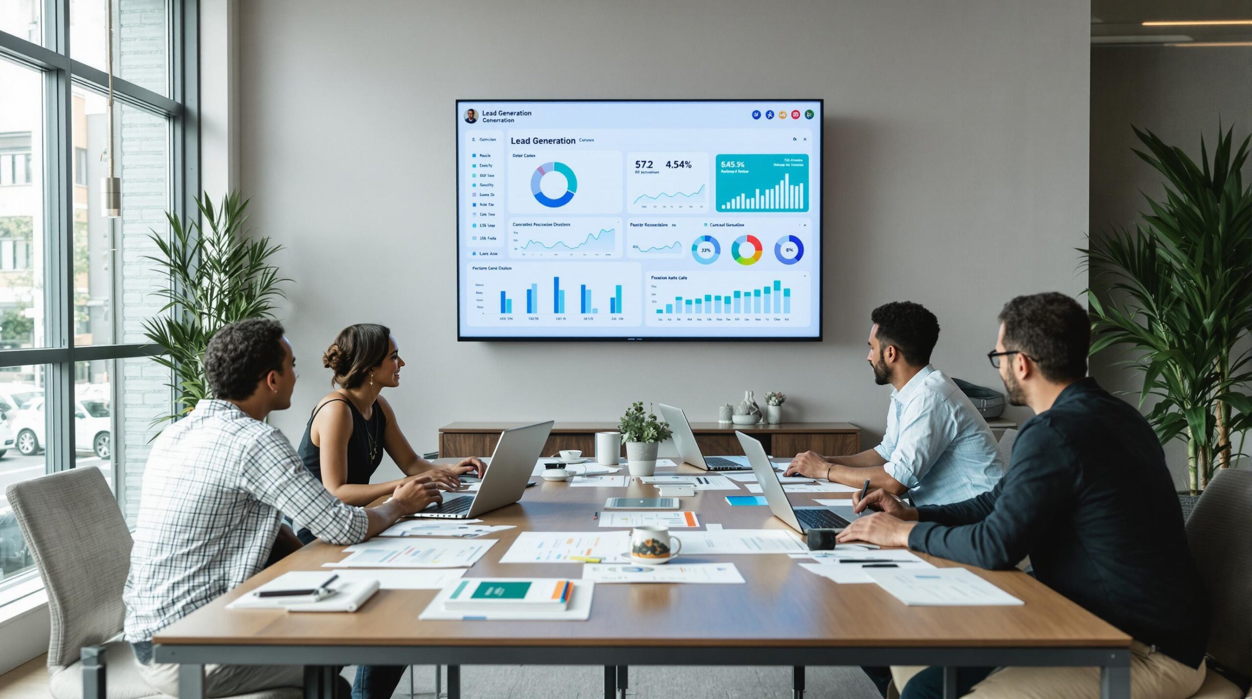 Business team collaborating on digital lead generation strategies in a modern office