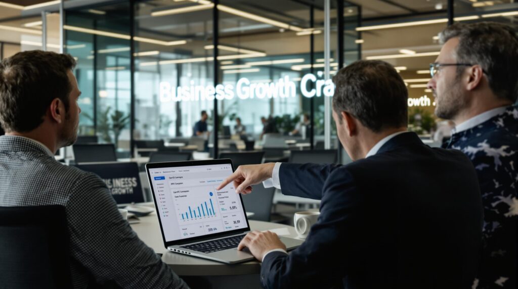 Lawyers discuss PPC strategy with business growth text overlay in office