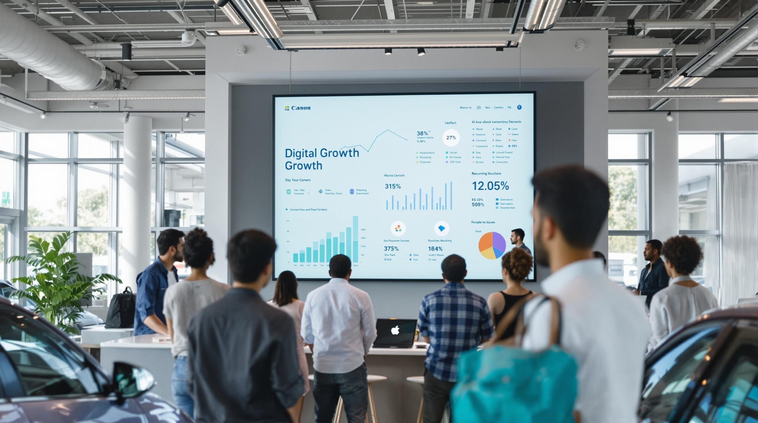 Dealership showroom with digital marketing dashboard and customers discussing cars