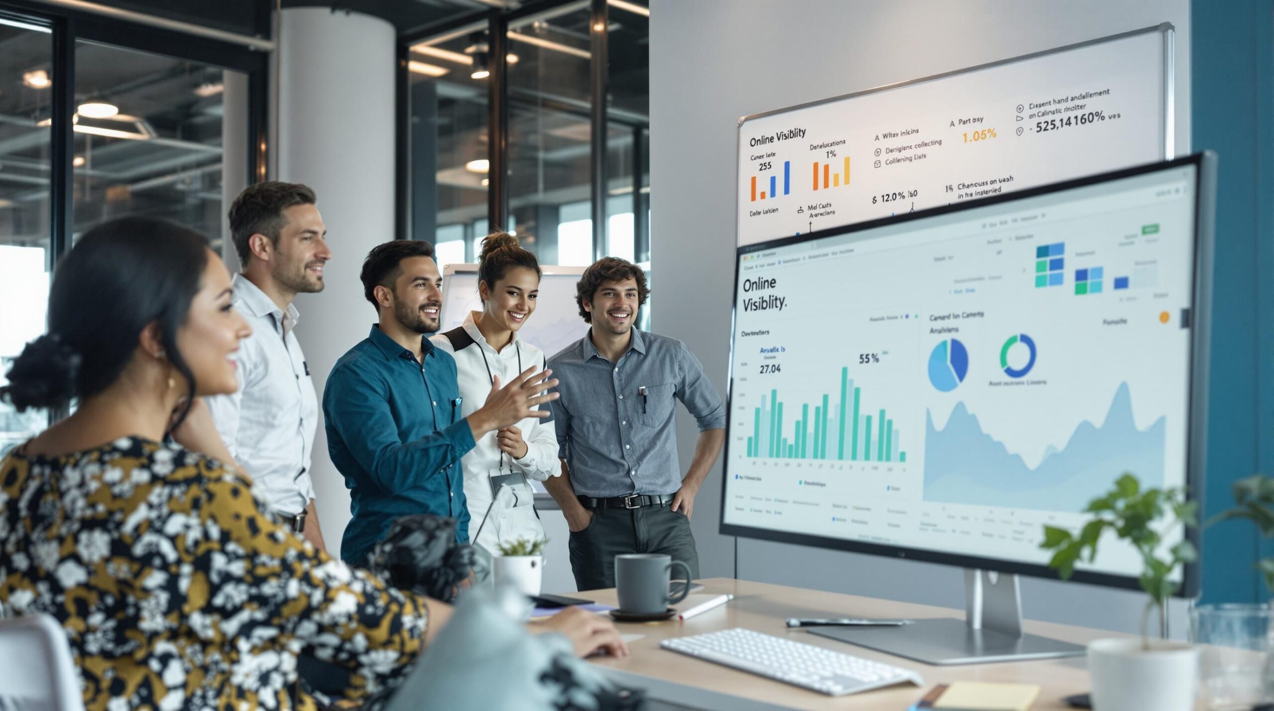 Marketing team collaborating in office with online visibility dashboard