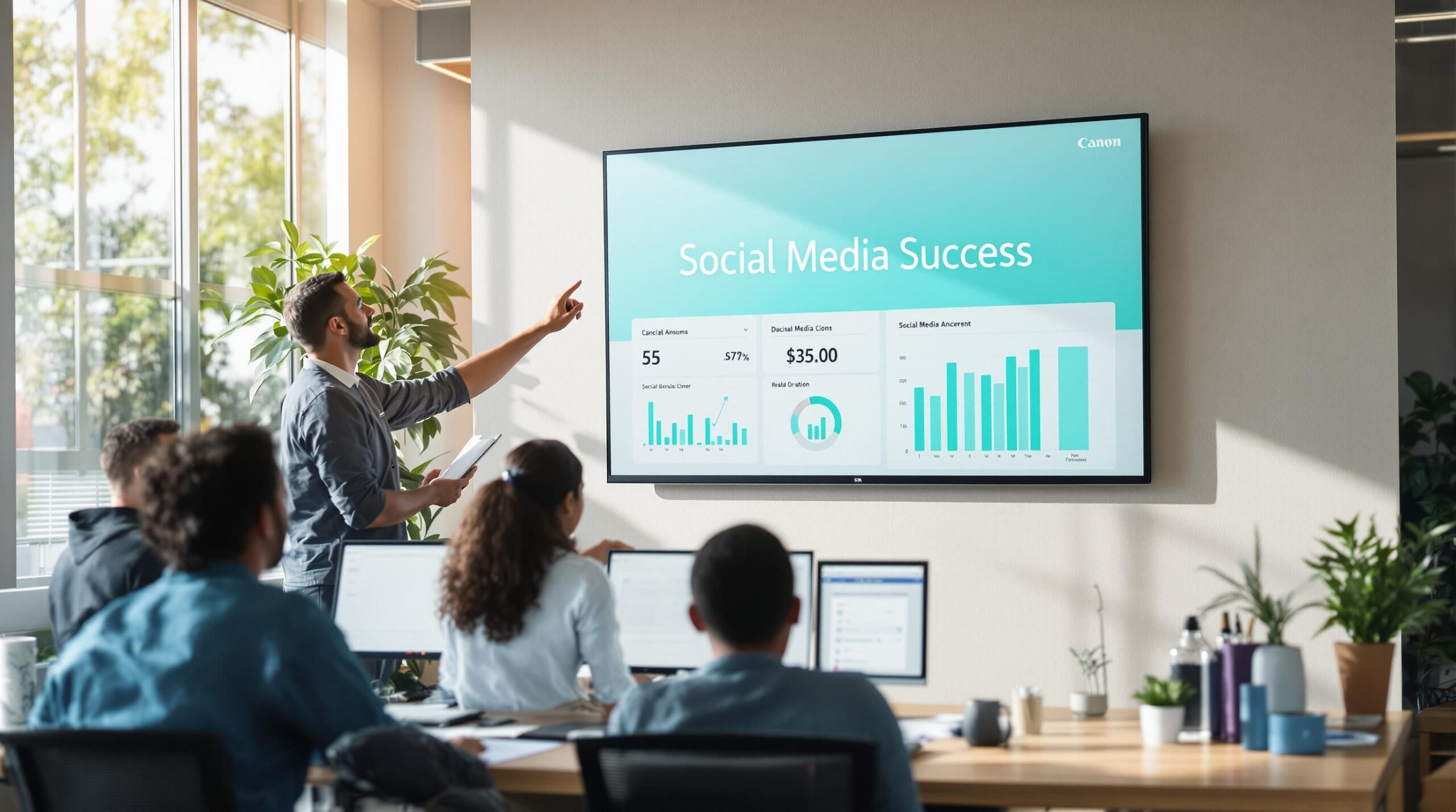 Team collaborating in office with social media dashboards and 'Social Media Success' on screen