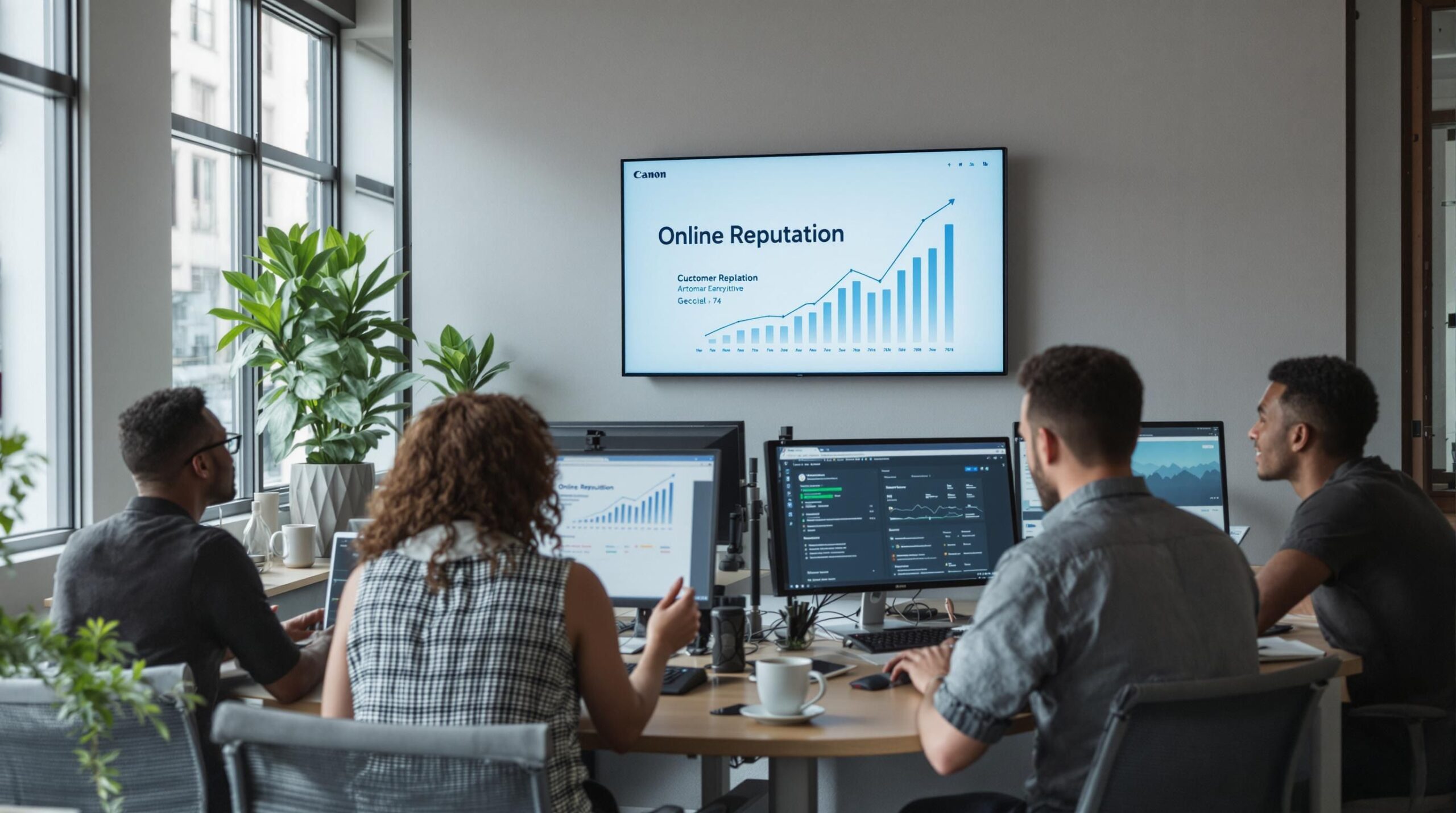 Business team reviews online reputation data in modern office