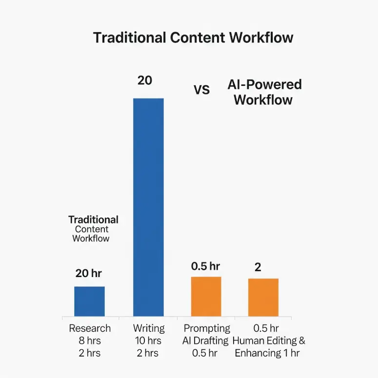 Bar chart showing an AI-powered content workflow takes only 2 hours compared to a 20-hour traditional workflow
