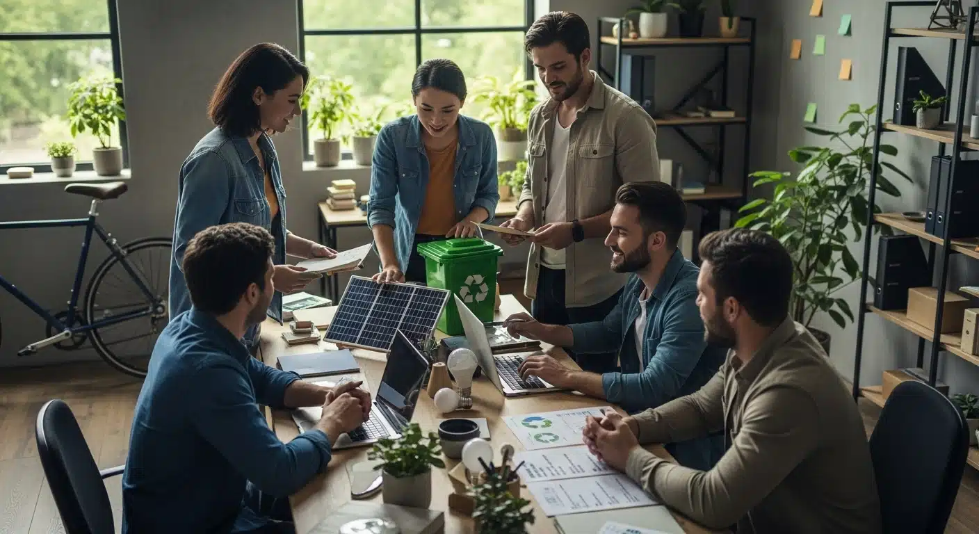 sustainable small business, eco-friendly workplace, team collaboration