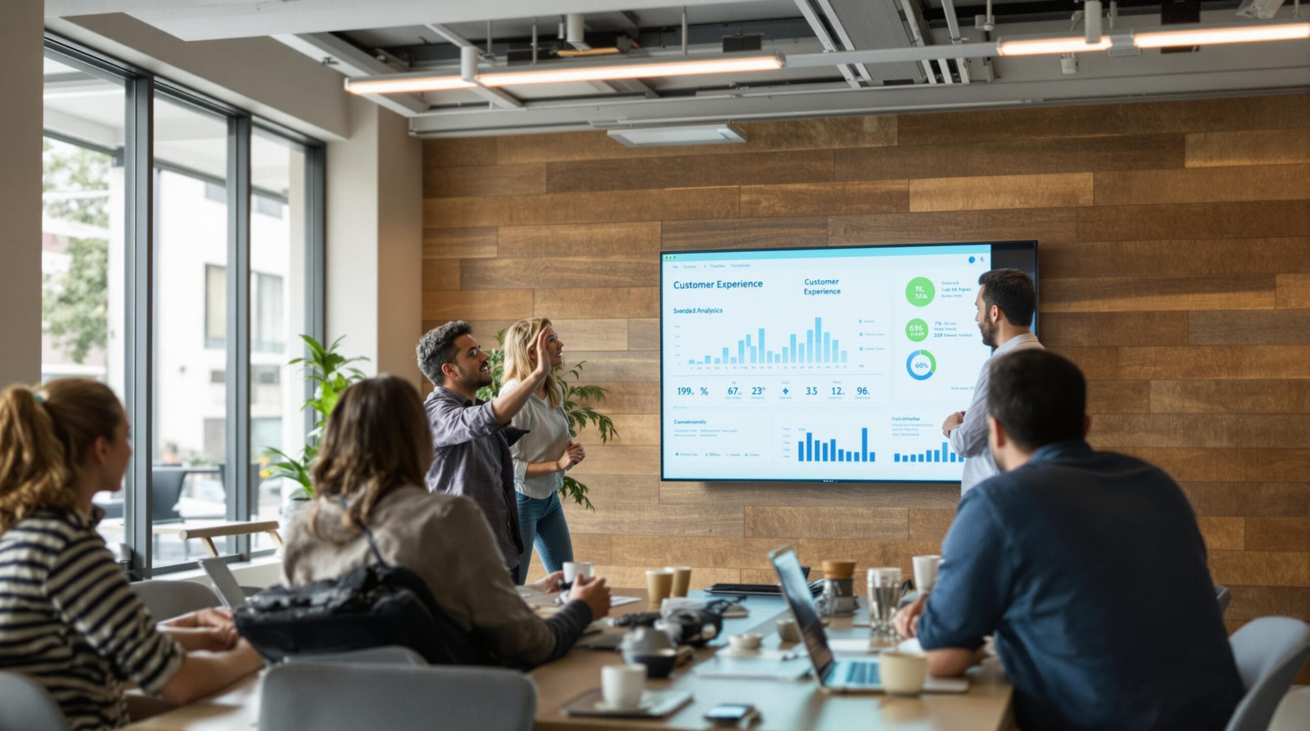 Business team reviews customer experience strategies dashboard together